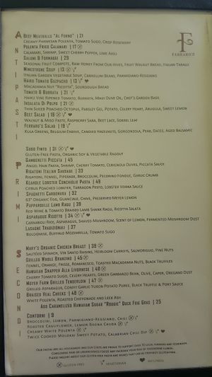 Main menu at Ferraro's Bar e Ristorante - Four Seasons Resort in Wailea