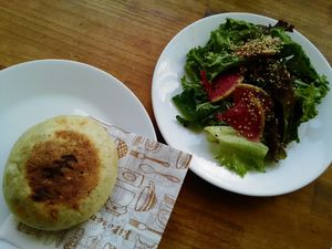 Oyaki 650yen, side salad 500yen at Kiboko in Tokyo