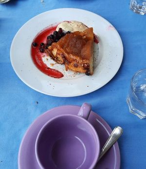 Very yummy apple pie and French press coffee (not poured yet) at Crunch Kantine in Berlin