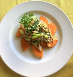 Sweet Potatoes with Pfifferlinge at Crunch Kantine in Berlin