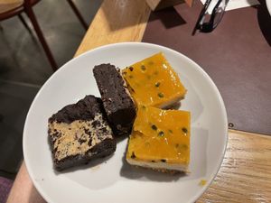Peanut butter brownie and passion fruit cheesecake   at Tibits in Luzern
