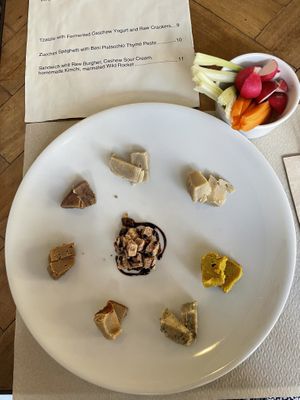 Macadamia, Almond and cashew nut cheese plate with turmeric, beetroot, thyme, balsamic vinegar and others   at Ecru in Rome