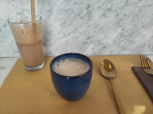 Small Miso Soup with a Avocado Cacao Milkshake at Ecru in Rome