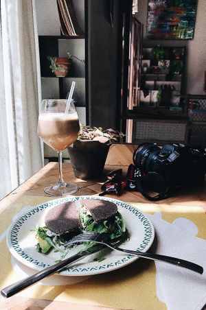 Vegan sandwich and tiramisu smoothie. at Ecru in Rome