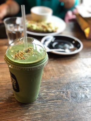 One of my favorite green Smoothies - Ninja Turtle. I hate green juices and hardly tolerate green smoothies as well, but this baby is a prodigy I swear. Made of spinach, avocado, cucumber, almond milk, hemp seeds and bee pollen and sweetened up with vanilla paste. Add on 20 grams of vegan protein and you’re done!  at The Good Life Eatery in South West London