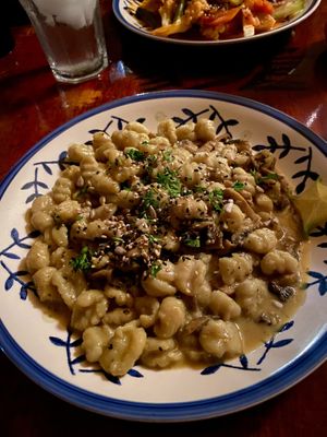 Breadfruit gnocchi in a coconut and mushroom sauce at Madre Tierra in Puerto Viejo De Talamanca