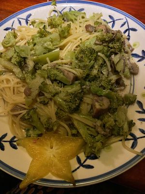 Pasta with mushrooms, broccoli, garlic  at Madre Tierra in Puerto Viejo De Talamanca