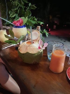 Piña an agua + papaya en agua de coco  at Madre Tierra in Puerto Viejo De Talamanca