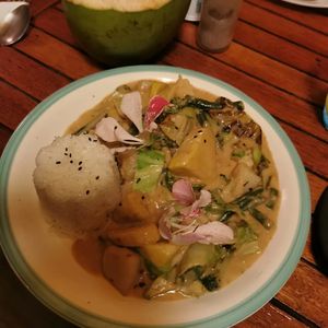 Coconut peanut butter sauce with vegetables at Madre Tierra in Puerto Viejo De Talamanca