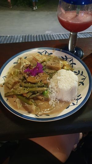 Veggies with coconut/peanut sauce at Madre Tierra in Puerto Viejo De Talamanca