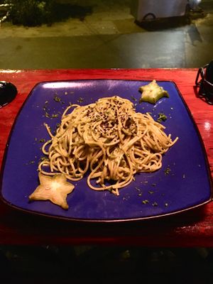 vegan pasta pesto and coco at Madre Tierra in Puerto Viejo De Talamanca