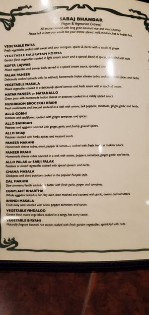 Vegan and vegetarian entrees menu page at Sangam Indian Cuisine in Cornelius