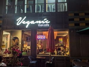 Front view at night at Veganic Thai Cafe in San Diego