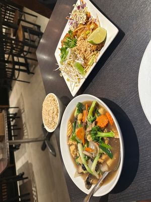 Vegan pad Thai with Crispy chicken and tofu veggies with rice  at Veganic Thai Cafe in San Diego