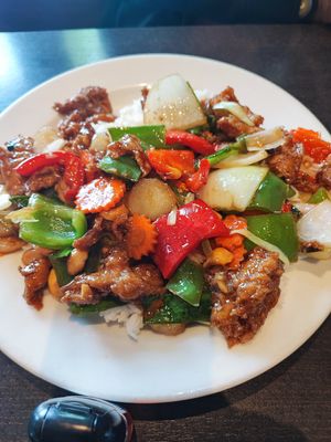 Drunken noodles with vegan chicken at Veganic Thai Cafe in San Diego