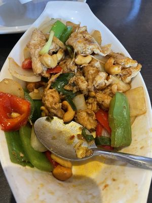 Cashew nut stir fry with soy chicken   at Veganic Thai Cafe in San Diego