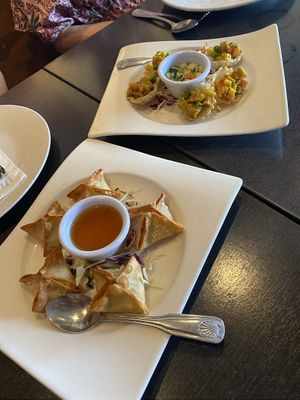 Different vegan appetizers (flower cups, cheese crab rangoons)   at Veganic Thai Cafe in San Diego