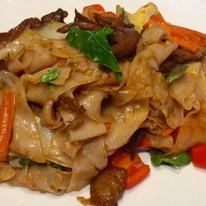 Drunken noodles with mock duck at Veganic Thai Cafe in San Diego