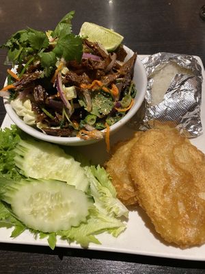 Larb with soy duck  at Veganic Thai Cafe in San Diego