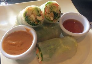Summer rolls with peanut sauce and plum sauce. LOVE the peanut sauce. at Veganic Thai Cafe in San Diego