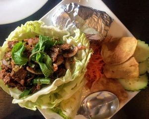 Larb, with vegan duck. Veganic Thai Cafe isn't messing around with the spicy scale. This was HOT! at Veganic Thai Cafe in San Diego