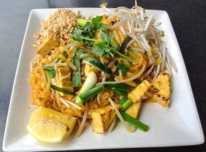 Pad Thai: Rice noodles, fresh bean sprouts, scallions, steamed tofu, topped with crushed peanuts. at Veganic Thai Cafe in San Diego