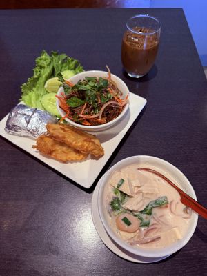 Thai coffee, crispy soy duck larb, tom kha soup cup with tofu   at Veganic Thai Cafe in San Diego