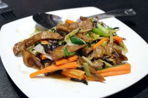 ginger stir fry with mock duck  at Veganic Thai Cafe in San Diego