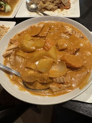 Massaman curry with fried tofu  at Veganic Thai Cafe in San Diego