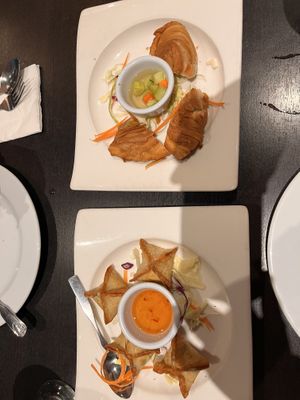 Cream cheese wontons and curry puffss  at Veganic Thai Cafe in San Diego