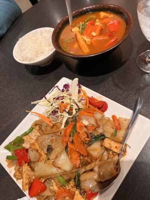 Drunken noodles and jungle curry   at Veganic Thai Cafe in San Diego
