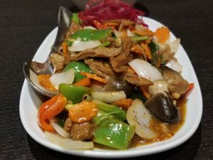 Mock duck with veggies at Veganic Thai Cafe in San Diego