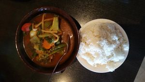 Jungle Curry.  Contains no coconut milk, we selected all vegetables and it was great flavor.   at Veganic Thai Cafe in San Diego