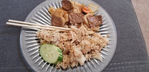 Drunken Noodles w mock beef & spicy fried rice w mock ckn. at Veganic Thai Cafe in San Diego