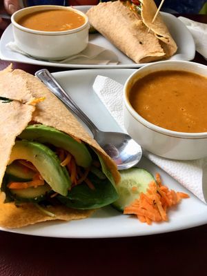 Avocado cucumber wrap with tomato soup, and grilled veggie wrap at Fountain Head Health Food in Fergus