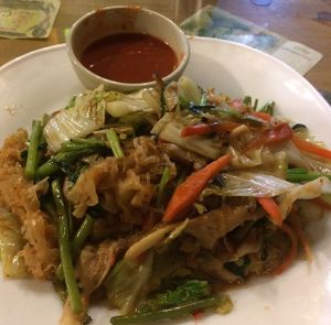 Vegan fried noodles with vegetables and their spicy signature sauce.  at Barrab in Chiang Rai