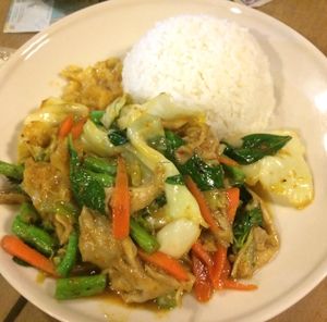 Vegan fried veggies with rice. at Barrab in Chiang Rai