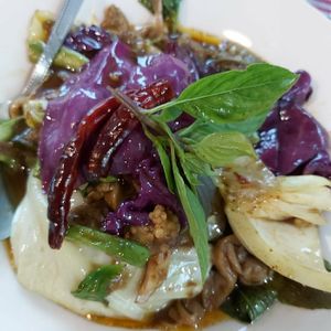 Herb and spices sauce with eggplant and Thai holy basil at Barrab in Chiang Rai