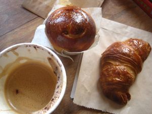 Coffee, vegan pastry, cornetto. Everything was delicious.   at Cafe Dei Campi in Montreal