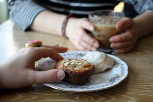 Bostock, lemon scone, and iced coffee at Cafe Dei Campi in Montreal