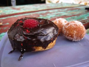 Chocolate doughnut and doughnut holes. Perfect. at Cafe Dei Campi in Montreal