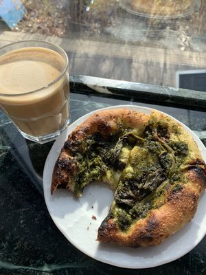 Pesto pizza and oat latte!   at Cafe Dei Campi in Montreal