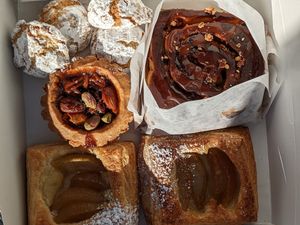 Amarettis, tarte à la noix, sticky bun, feuilleté à la poire at Cafe Dei Campi in Montreal
