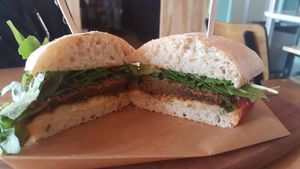 Sandwich au seitan avec fromage végane et sauce tomate. Parfait! at Cafe Dei Campi in Montreal