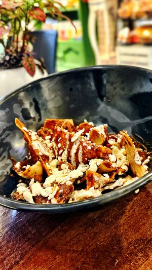 Chilaquiles de mole. Agrégales milanesa, deshebrada y más   at Vegan Ville in Mexico City