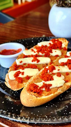 Molletes con chorizo   at Vegan Ville in Mexico City