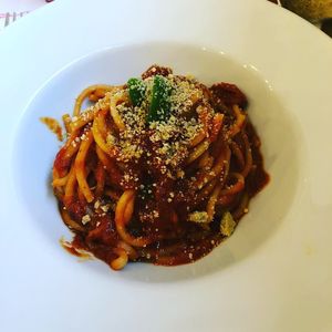 Arrabbiata spaghetti with vegan parmesan  at Pasta Factory in Manchester