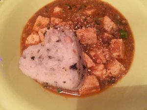 Mapo tofu: delicious with a shaped portion of rice (stars, hearts...) So cute! at Comida Coreana in Villa De Leyva