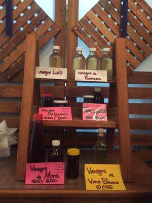 A few products she sells. There's blackberry vinegar and banana vinegar! at Comida Coreana in Villa De Leyva