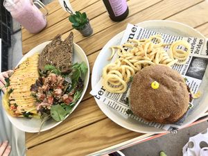 Vegan omelette and sweet potato quinoa burger  at Herb & Sprout Co in Maroubra